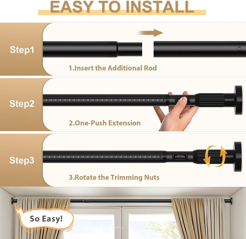ZipGlo Black Tension Curtain Rod 41-118In(4-9Ft), Outdoor Curtain Rod No Drilling for Window or Bathroom Patio, Adjustable Spring Shower Rod,Rod Diameter 1.26In-One-bond stretching - Image 5